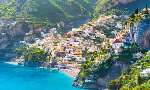 Morning view of Positano cityscape on coast line of mediterranean sea, Italy