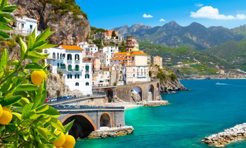 Morning view of Amalfi cityscape on coast line of mediterranean sea, Italy